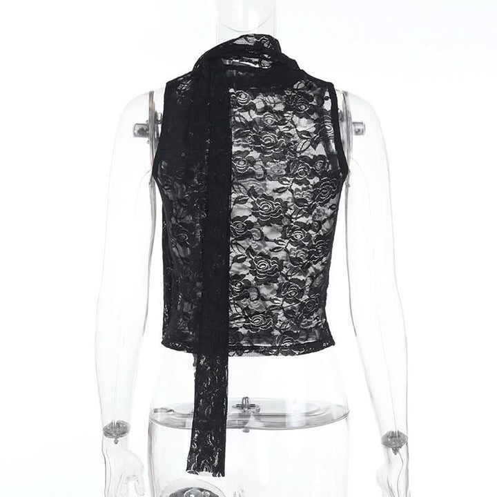 Lace see through crewneck solid crop top  | Festival Outfits Women
