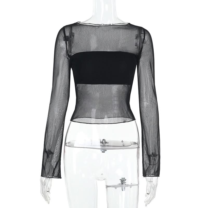 Long sleeve mesh crewneck solid top  | Festival Outfits Women