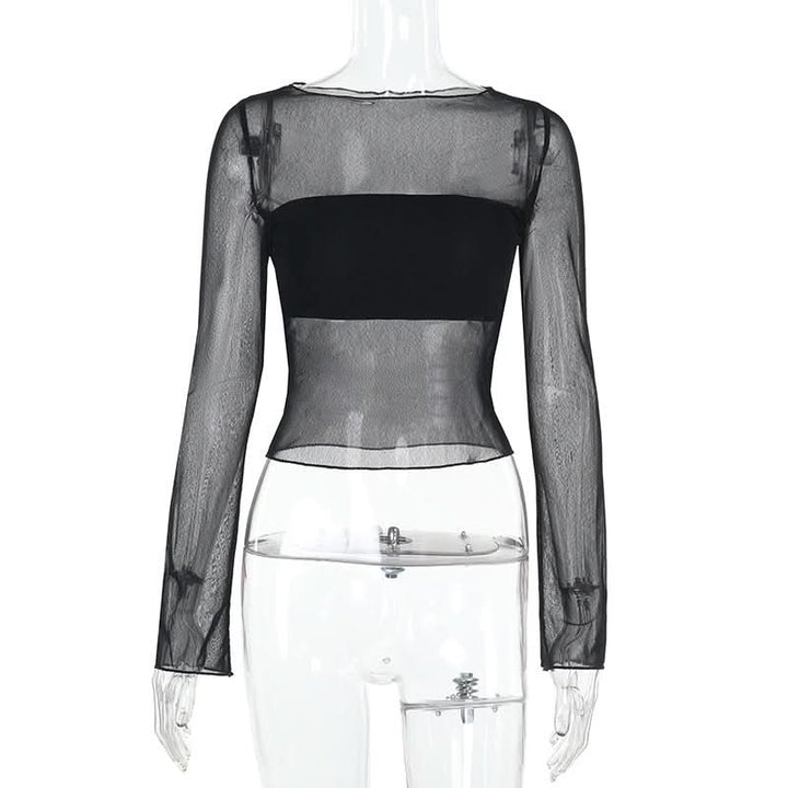 Long sleeve mesh crewneck solid top  | Festival Outfits Women