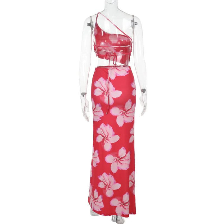 One shoulder ruched slit flower print maxi dress  | Festival Outfits Women