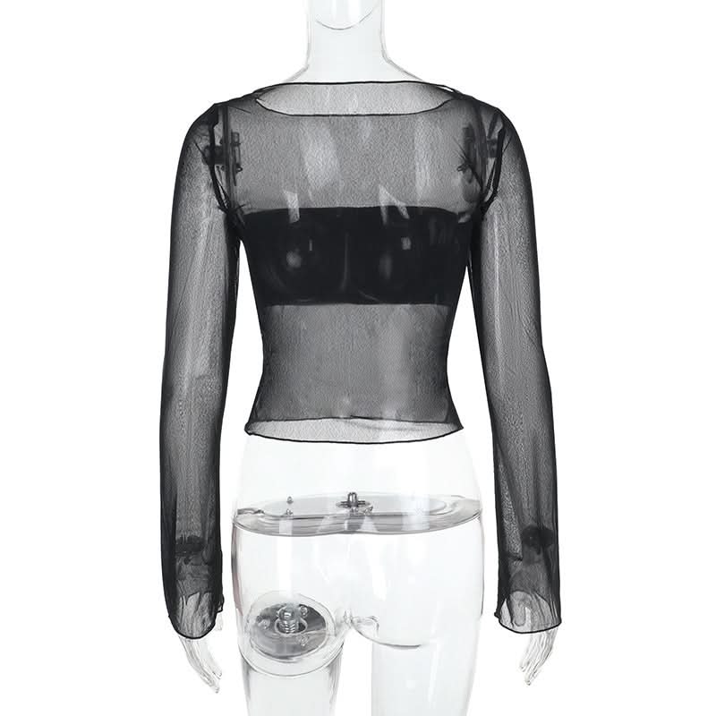 Long sleeve mesh crewneck solid top  | Festival Outfits Women