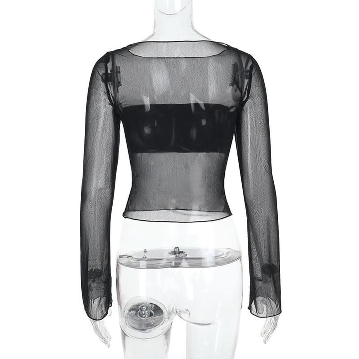 Long sleeve mesh crewneck solid top  | Festival Outfits Women