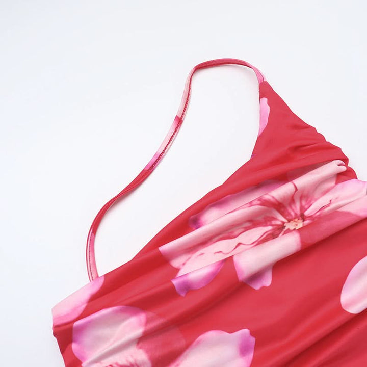 One shoulder ruched slit flower print maxi dress  | Festival Outfits Women