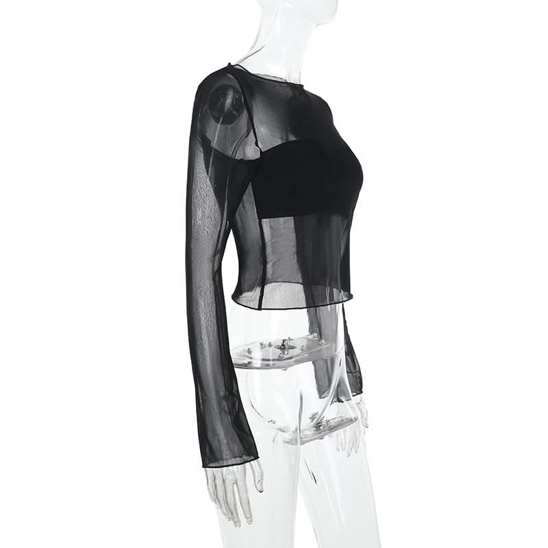 Long sleeve mesh crewneck solid top  | Festival Outfits Women