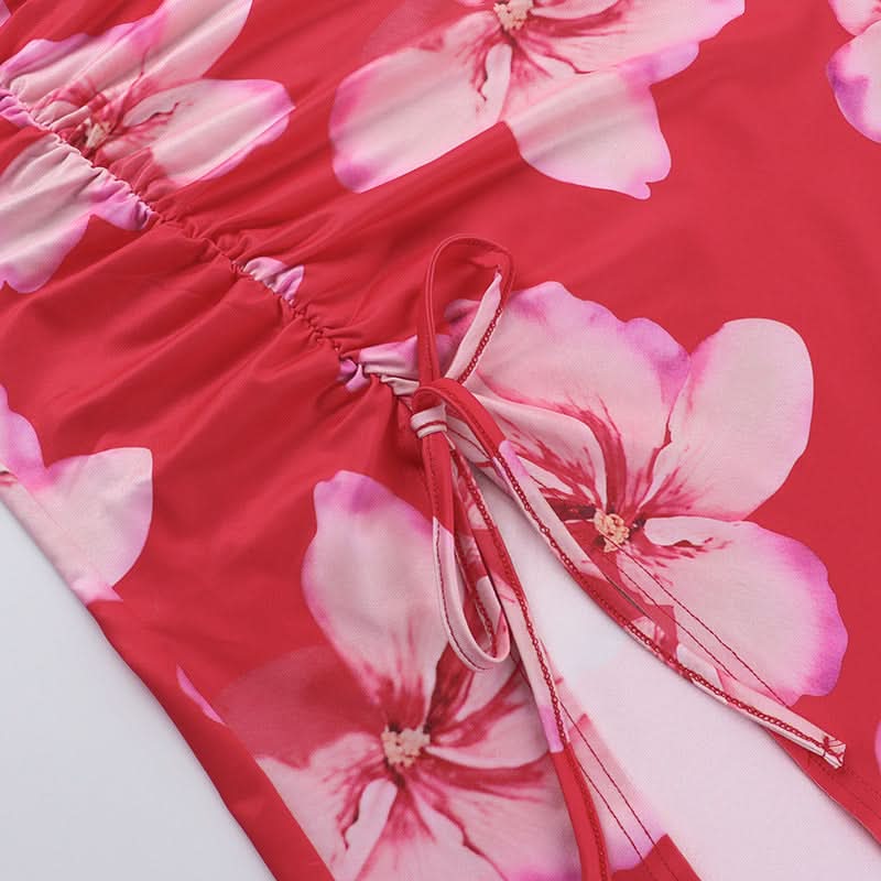 One shoulder ruched slit flower print maxi dress  | Festival Outfits Women