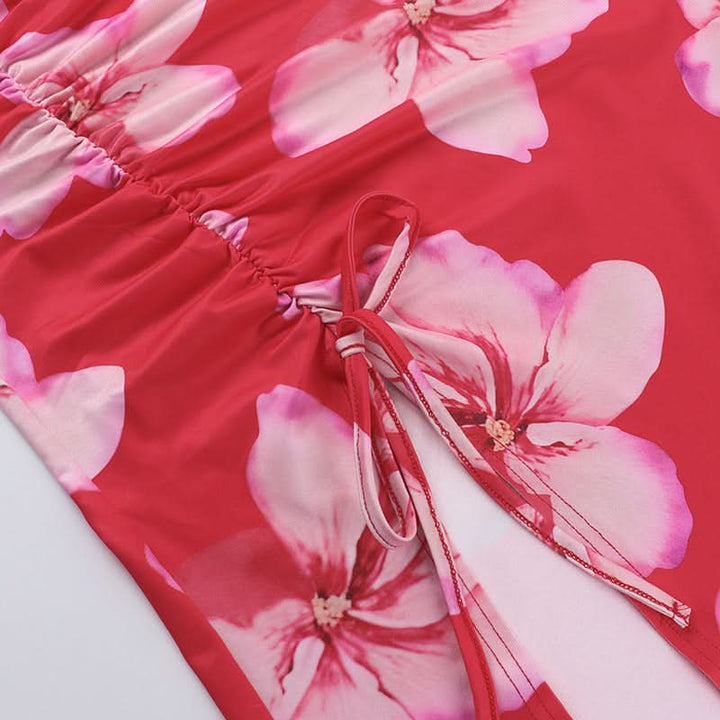 One shoulder ruched slit flower print maxi dress  | Festival Outfits Women