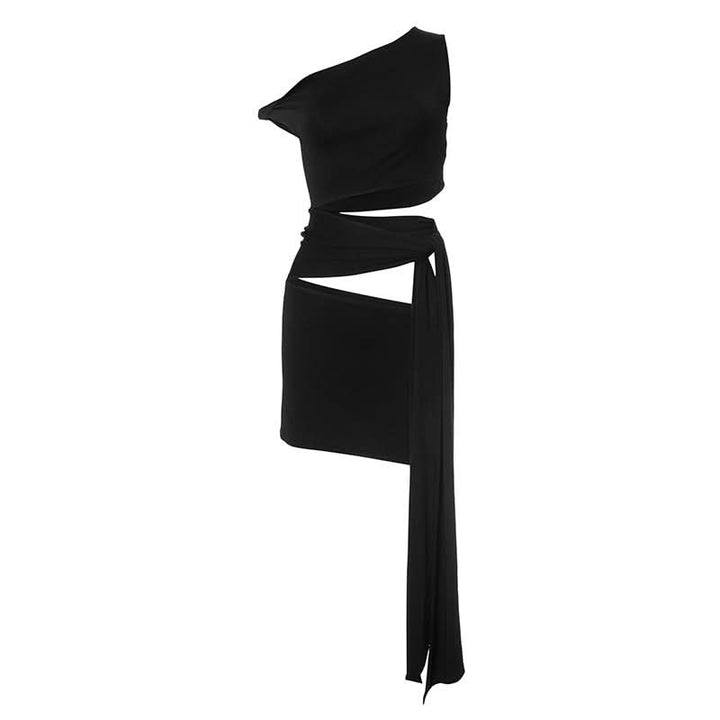 Hollow out irregular one shoulder solid cut out mini dress  | Festival Outfits Women