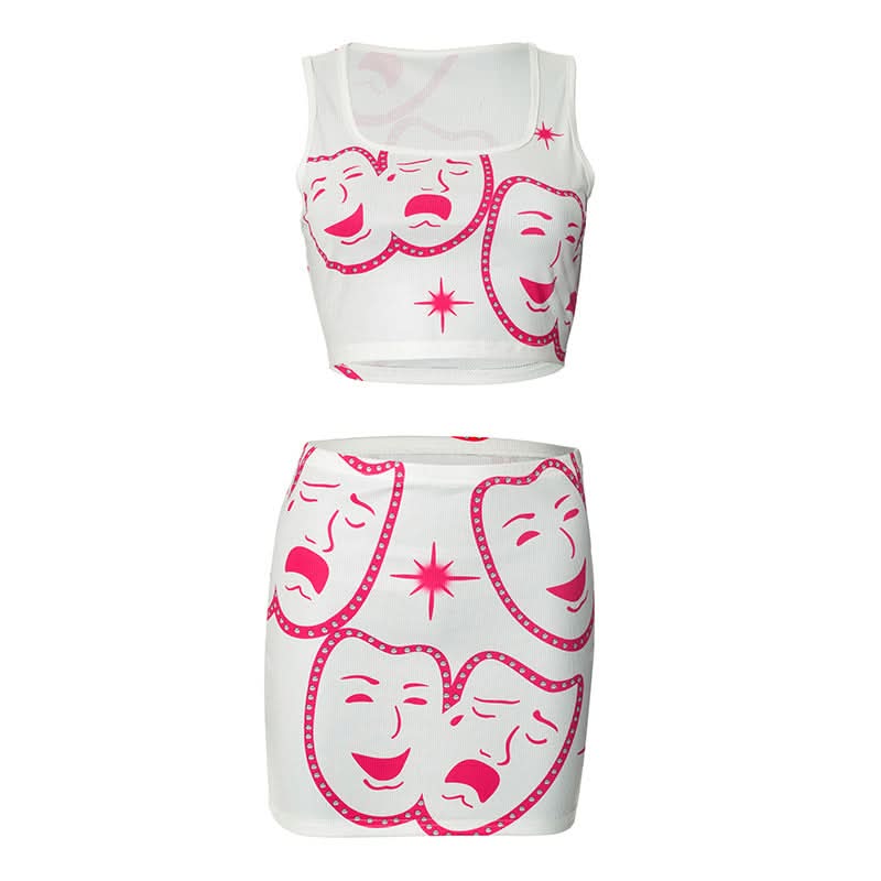 Square neck ribbed face print mini skirt set  | Festival Outfits Women