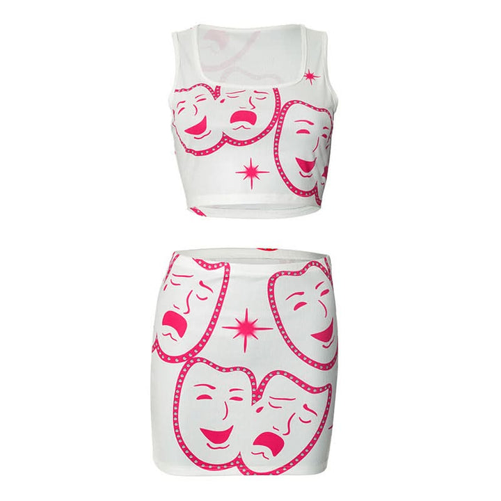 Square neck ribbed face print mini skirt set  | Festival Outfits Women