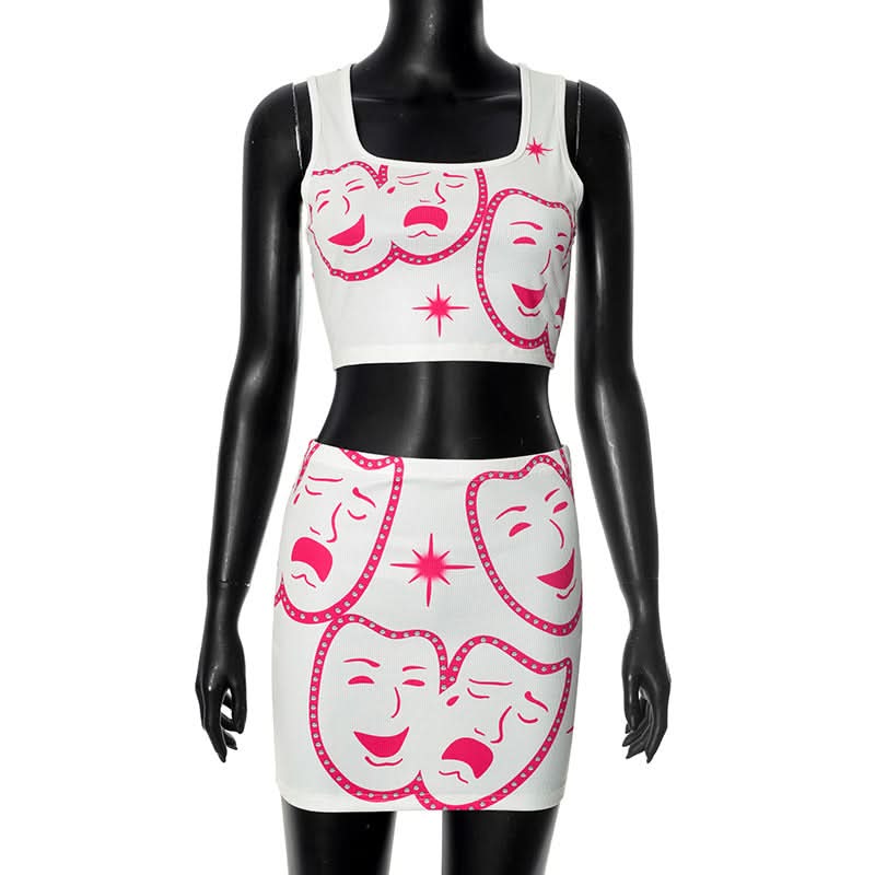 Square neck ribbed face print mini skirt set  | Festival Outfits Women