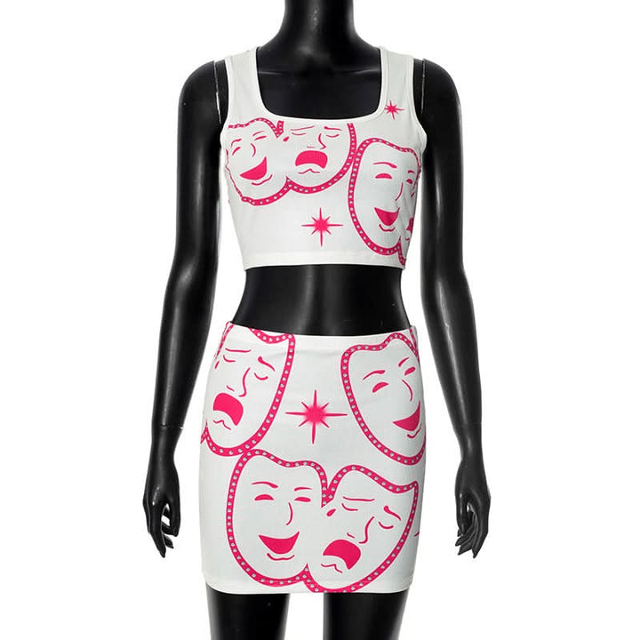 Square neck ribbed face print mini skirt set  | Festival Outfits Women