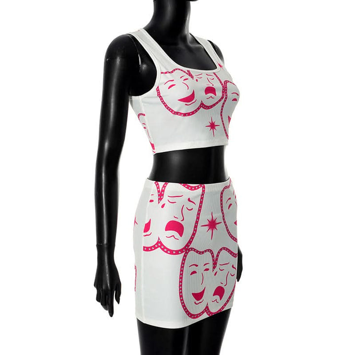 Square neck ribbed face print mini skirt set  | Festival Outfits Women