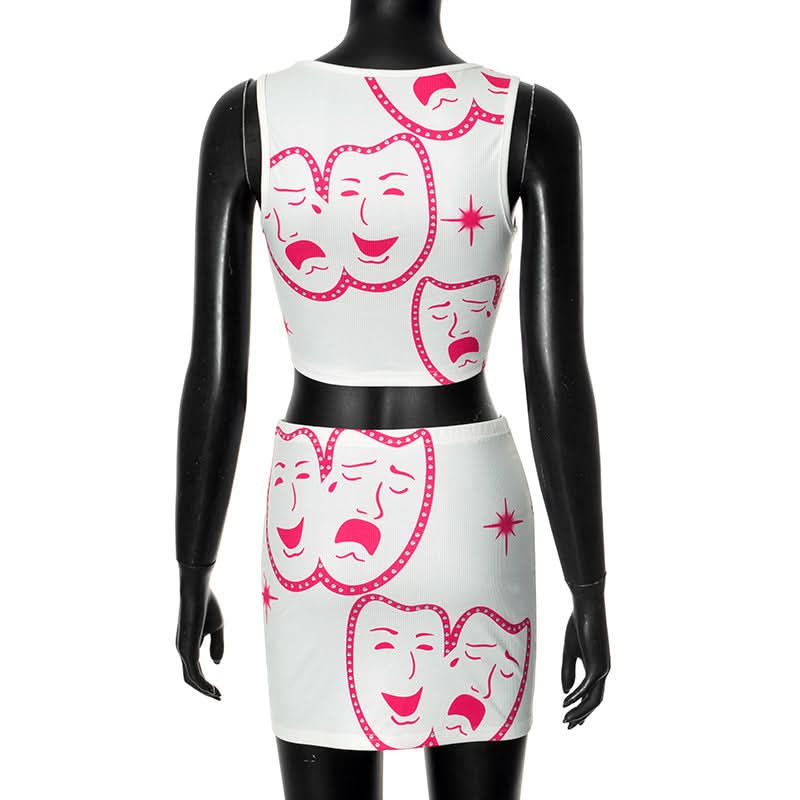 Square neck ribbed face print mini skirt set  | Festival Outfits Women