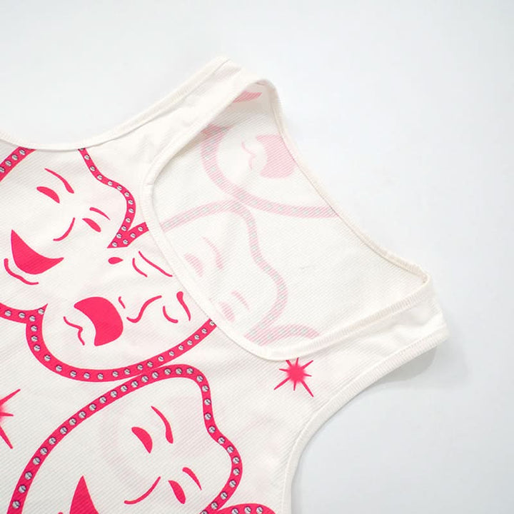 Square neck ribbed face print mini skirt set  | Festival Outfits Women