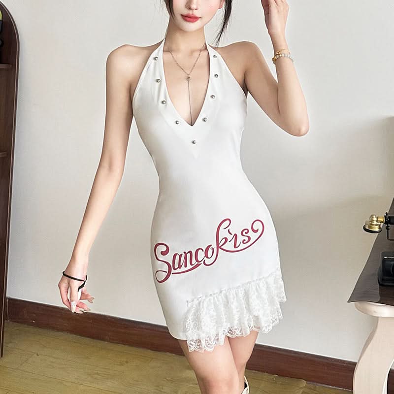 V neck letter pattern halter self tie mini dress  | Festival Outfits Women