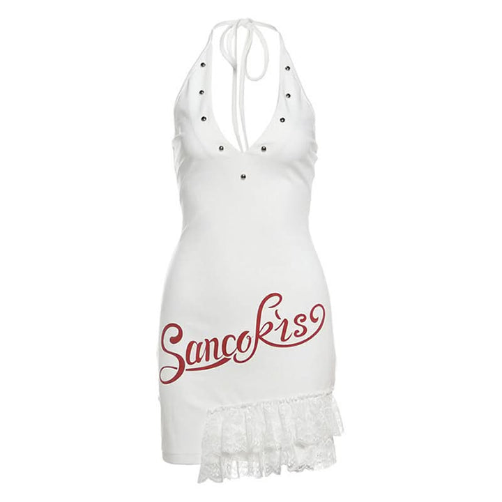 V neck letter pattern halter self tie mini dress  | Festival Outfits Women