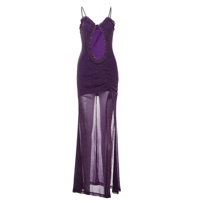 High slit hollow out ruched v neck cami cut out maxi dress  | Festival Outfits Women