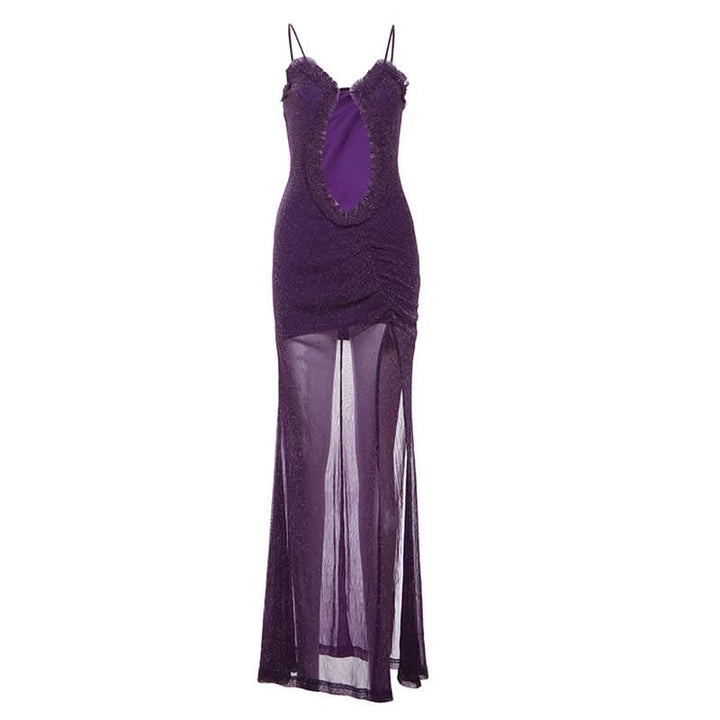 High slit hollow out ruched v neck cami cut out maxi dress  | Festival Outfits Women