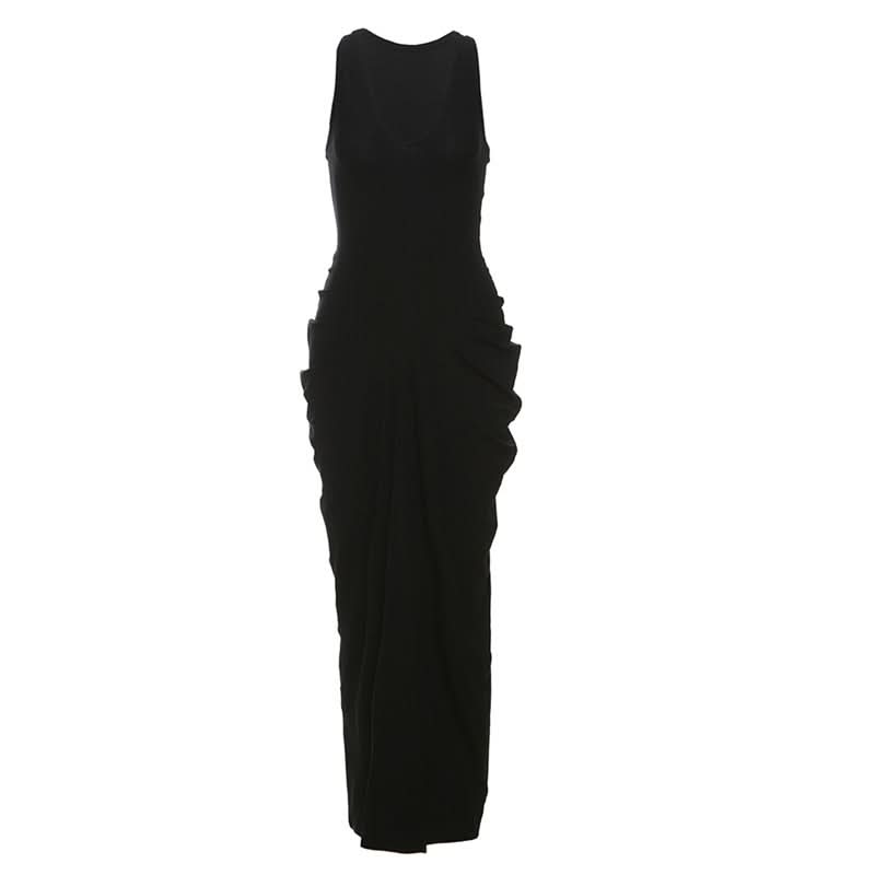 V neck sleeveless ruched solid maxi dress  | Festival Outfits Women