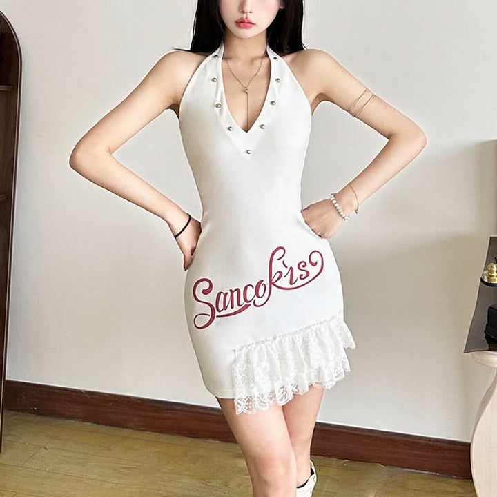 V neck letter pattern halter self tie mini dress  | Festival Outfits Women