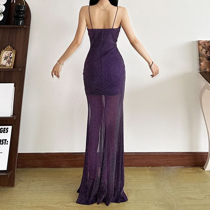 High slit hollow out ruched v neck cami cut out maxi dress  | Festival Outfits Women