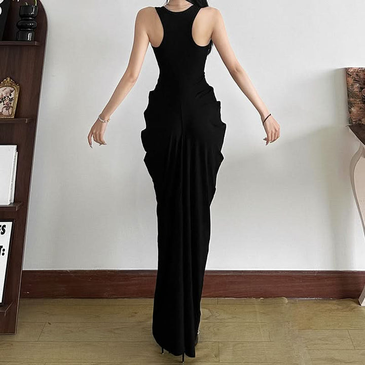 V neck sleeveless ruched solid maxi dress  | Festival Outfits Women