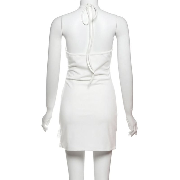V neck letter pattern halter self tie mini dress  | Festival Outfits Women