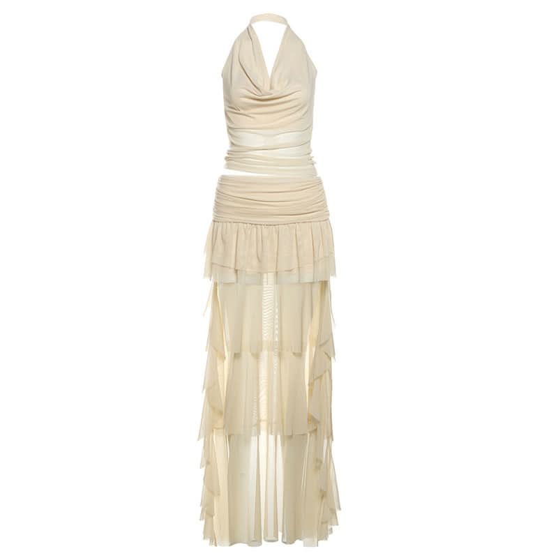 Halter mesh ruched cowl neck mini skirt set  | Festival Outfits Women