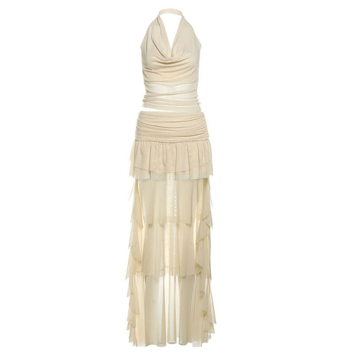Halter mesh ruched cowl neck mini skirt set  | Festival Outfits Women