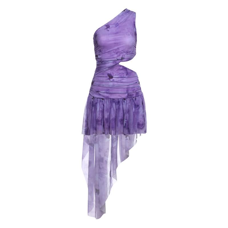 One shoulder hollow out ruched print cut out mini dress  | Festival Outfits Women
