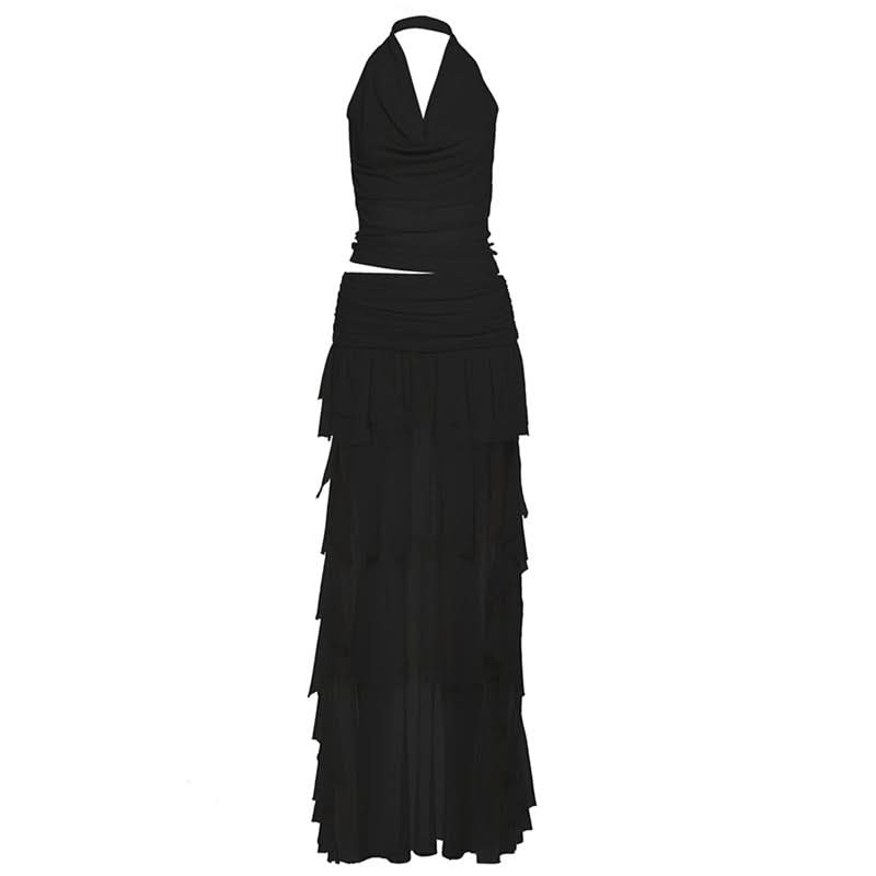 Halter mesh ruched cowl neck mini skirt set  | Festival Outfits Women