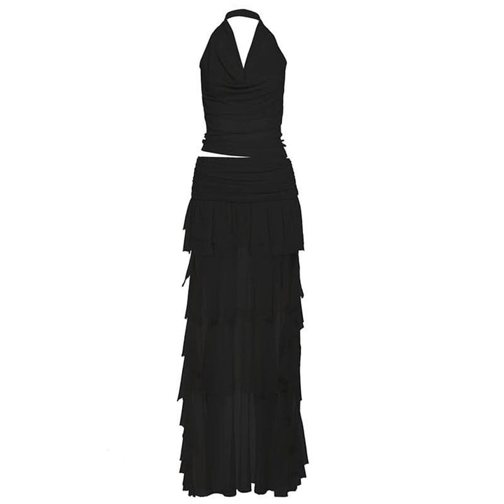 Halter mesh ruched cowl neck mini skirt set  | Festival Outfits Women