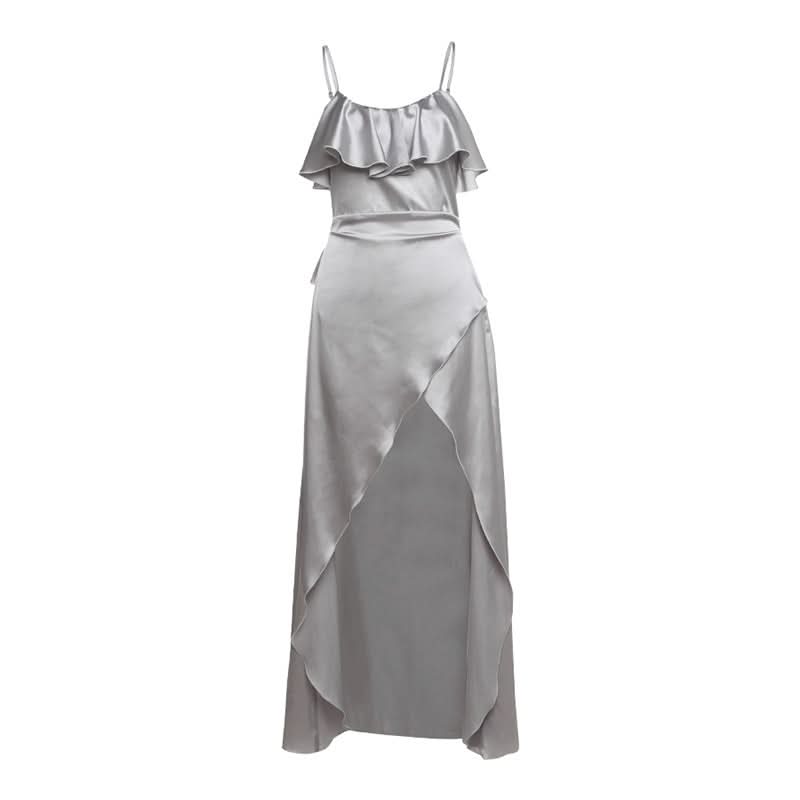 Zip-up u neck ruffle slit cami maxi dress  | Festival Outfits Women