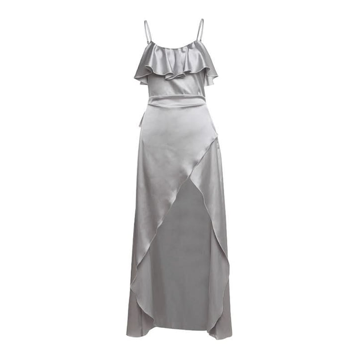 Zip-up u neck ruffle slit cami maxi dress  | Festival Outfits Women
