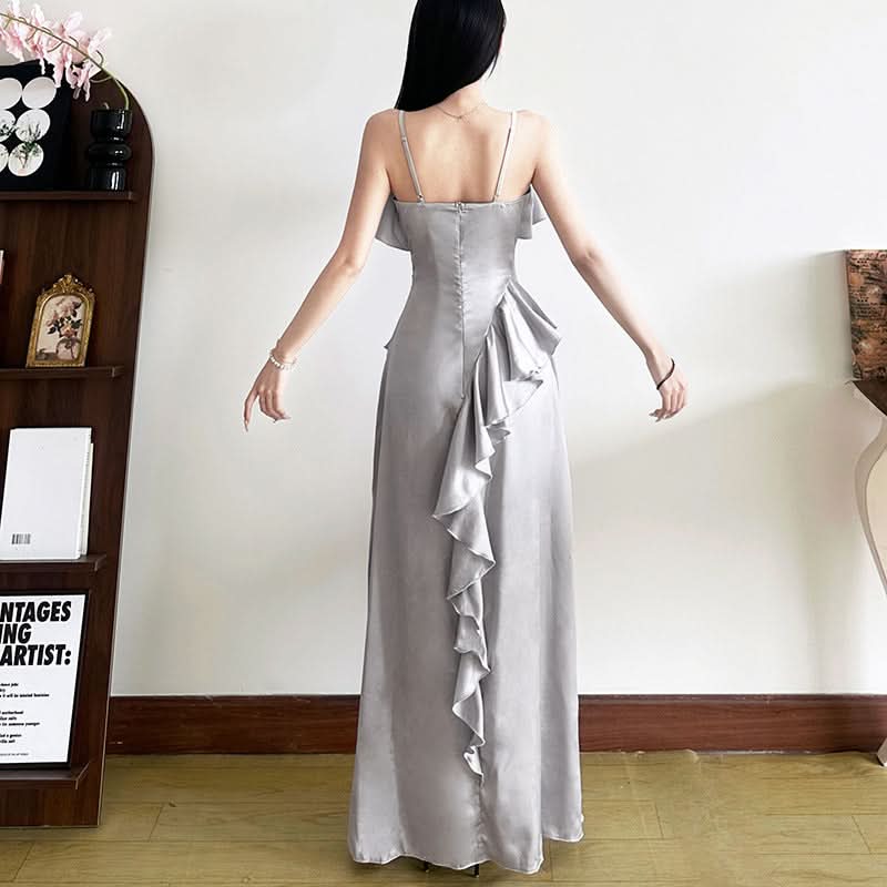 Zip-up u neck ruffle slit cami maxi dress  | Festival Outfits Women