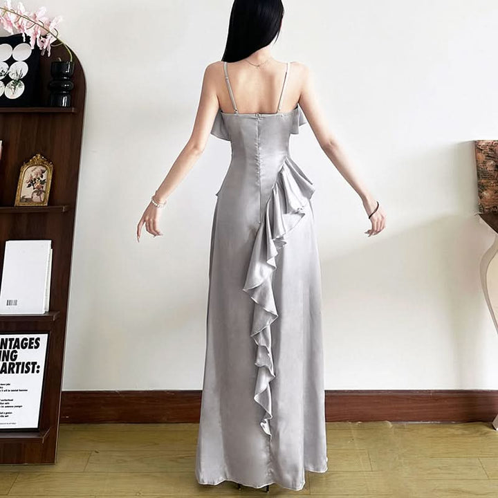 Zip-up u neck ruffle slit cami maxi dress  | Festival Outfits Women