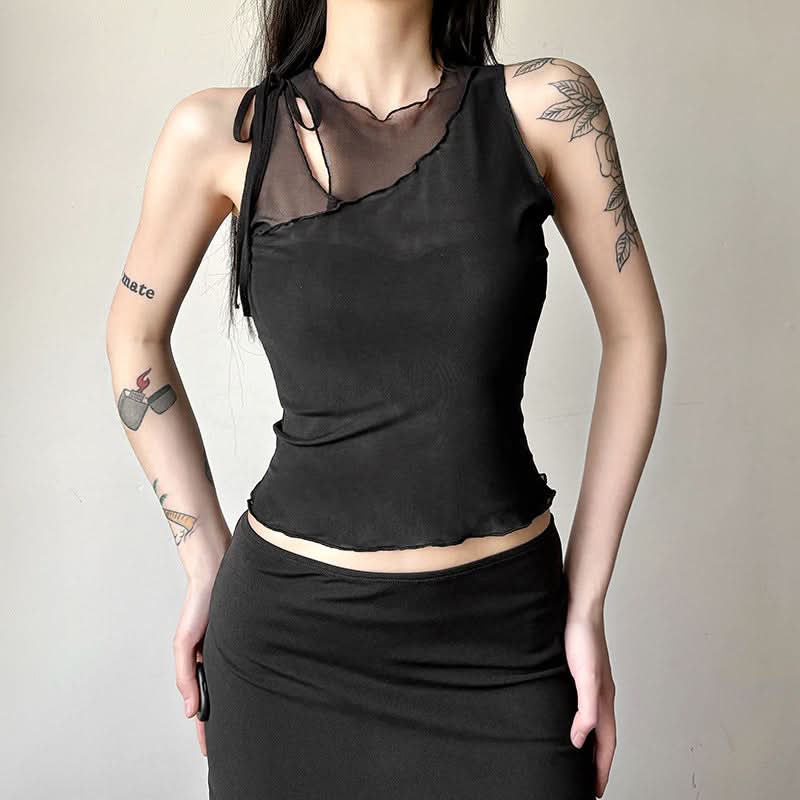 Hollow out mesh crewneck ruffle solid cut out top  | Festival Outfits Women