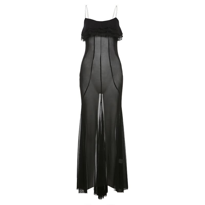 Ruffle u neck mesh solid cami maxi dress  | Festival Outfits Women