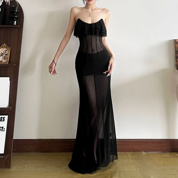 Ruffle u neck mesh solid cami maxi dress  | Festival Outfits Women