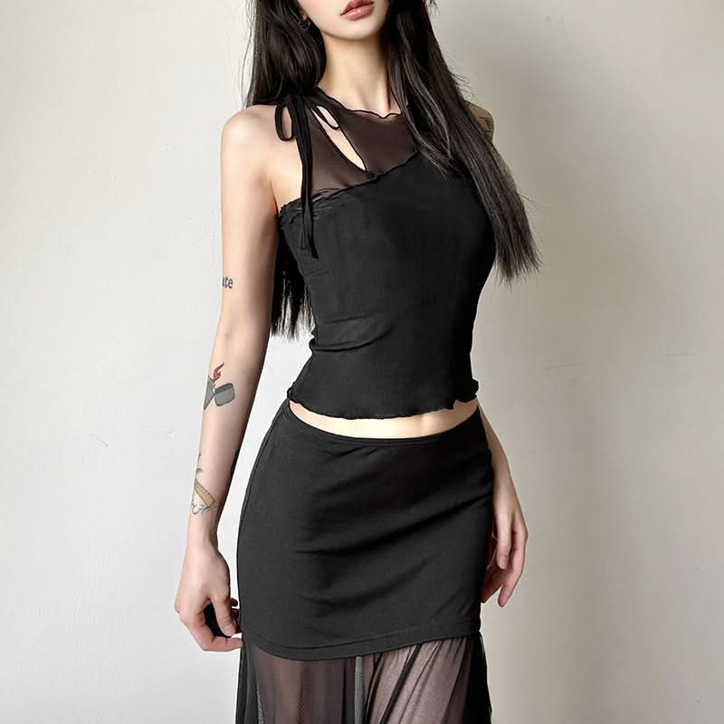 Hollow out mesh crewneck ruffle solid cut out top  | Festival Outfits Women