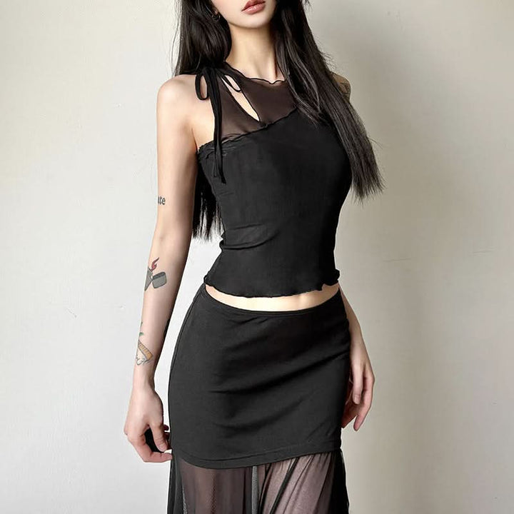 Hollow out mesh crewneck ruffle solid cut out top  | Festival Outfits Women