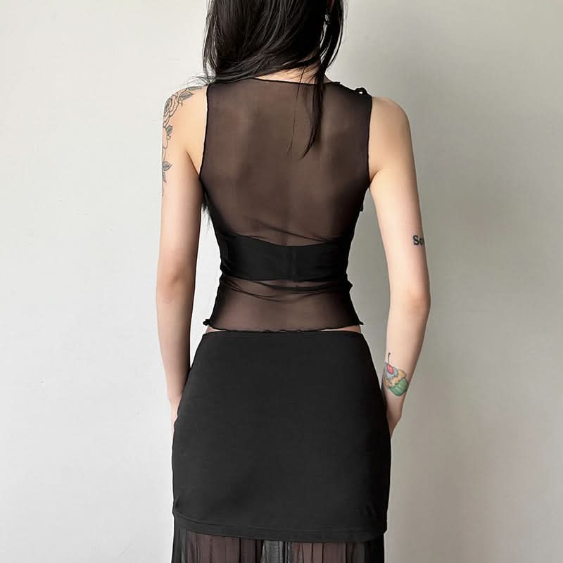 Hollow out mesh crewneck ruffle solid cut out top  | Festival Outfits Women