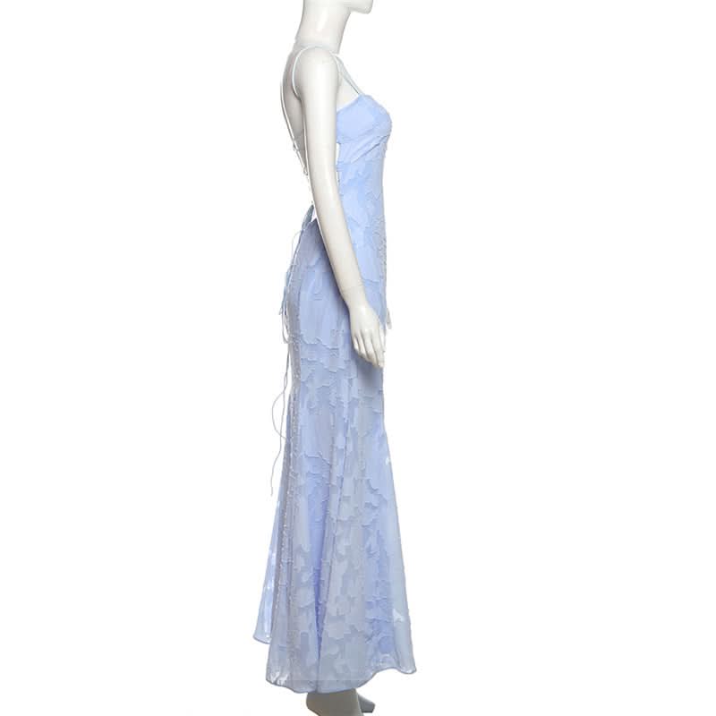 Square neck zip-up self tie spaghetti strap maxi dress  | Festival Outfits Women