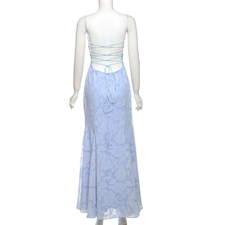 Square neck zip-up self tie spaghetti strap maxi dress  | Festival Outfits Women