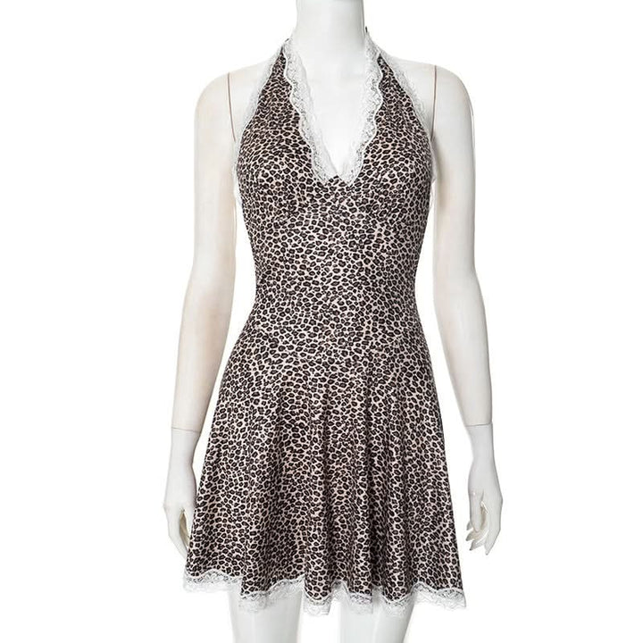 Leopard print lace hem halter v neck mini dress  | Festival Outfits Women  | Leopard Print Mini Dress