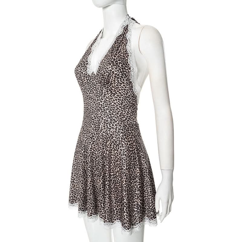 Leopard print lace hem halter v neck mini dress  | Festival Outfits Women  | Leopard Print Mini Dress