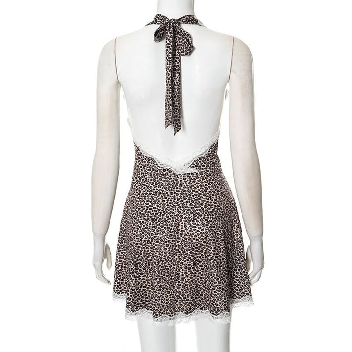 Leopard print lace hem halter v neck mini dress  | Festival Outfits Women  | Leopard Print Mini Dress