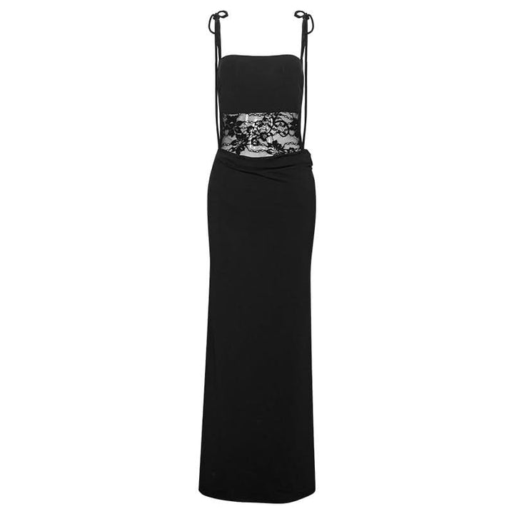 Lace square neck self tie solid cami maxi dress  | Festival Outfits Women