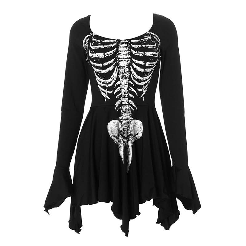 Long sleeve u neck skeleton print mini dress  | Festival Outfits Women