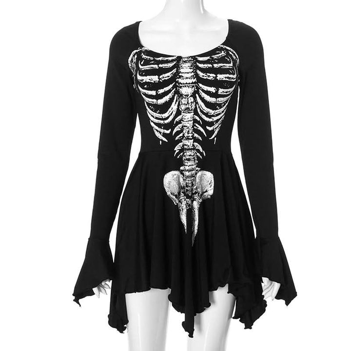 Long sleeve u neck skeleton print mini dress  | Festival Outfits Women